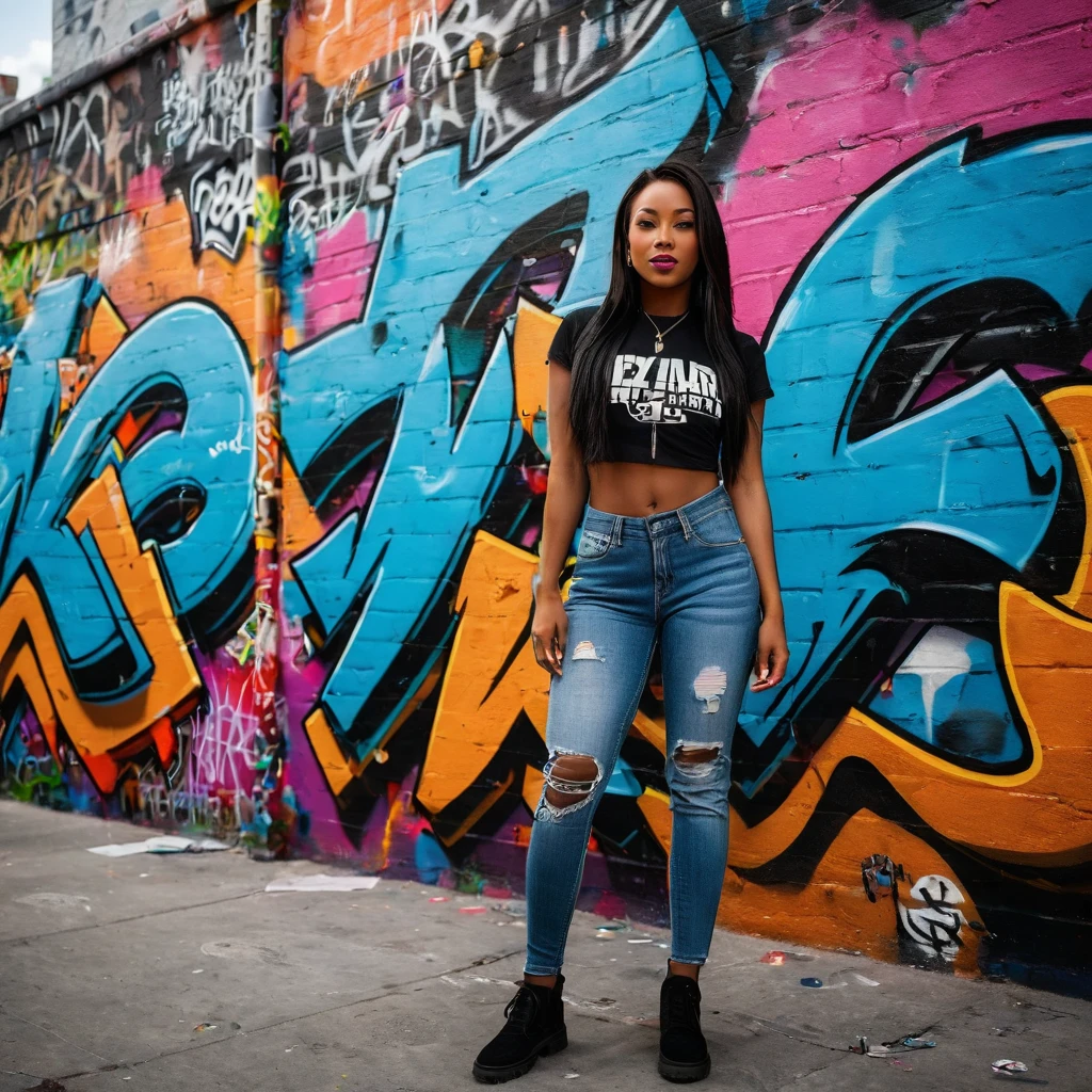 Prompt: Envision capturing a shot of a vibrant, bold stunningly beautiful woman against the backdrop of graffiti-filled urban walls. This scene should reflect the raw energy and expressive nature of urban street art. Graffiti is all about making a statement - it's loud, colorful, and unapologetically honest. Your subject, the woman, should embody this spirit – her style, stance, and expressions revealing insights into her character. Use natural or urban lighting to bring out the vivid colors of the graffiti, casting dramatic shadows that highlight the texture and depth of the artwork behind her. Embrace the wide view of the graffiti-covered cityscape as an intriguing backdrop subtly suggesting her connection to street culture. But remember to keep her as your main focus. When framing your shot, ensure you leave ample space around her. This not only adheres to photographic rules of composition but also emphasizes her dominance within this vast canvas. Avoid cluttering your shot with too many elements, maintaining graffiti's raw and minimalist approach. Instead aim to capture an atmospheric portrait that weaves a story about the woman, her personality and her relationship with the urban environment surrounding her. Consider using equipment like Canon EOS 5D Mark IV & EF 24-70mm f/2.8L II USM for detailed capture and wide-angle possibilities. Remember, your goal goes beyond just snapping a photo - it's about crafting a narrative that reflects graffiti’s boldness and expressiveness.