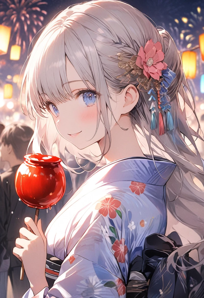(masterpiece:1.2),(アニメ),、Anime Cute Girl、cute、silver Hair、Long Hair、Half Up、hair ornaments、Beautiful blue eyes、Red eyeliner、Girl wearing yukata、Yukata with bright floral pattern、Pink Yukata、Short length、smile、((Holding a candy apple in her hand)),Night stalls、Night Festival、(((background、Fireworks)))、Festivals、summer night、Light production、Beautiful artwork、Detailed drawing、A Scene of Youth、Fisheye Lens、Close-up,Pale colors