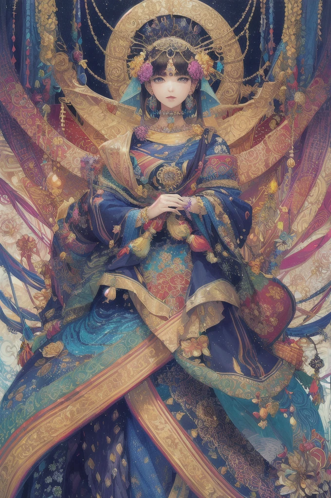 (masterpiece, Highest quality, Highest quality, Official Art, beautifully、aesthetic:1.2), (One girl:1.3), Very detailed,(Fractal Art:1.1),(colorful:1.1)(Flowers:1.3),Most detailed,(Tangled:1.2), (Dynamic pose), (Abstract background:1.3), (Indian Traditional Cloth:1.2), (Shiny skin), (Many colors:1.4), ,(Earrings:1.4),