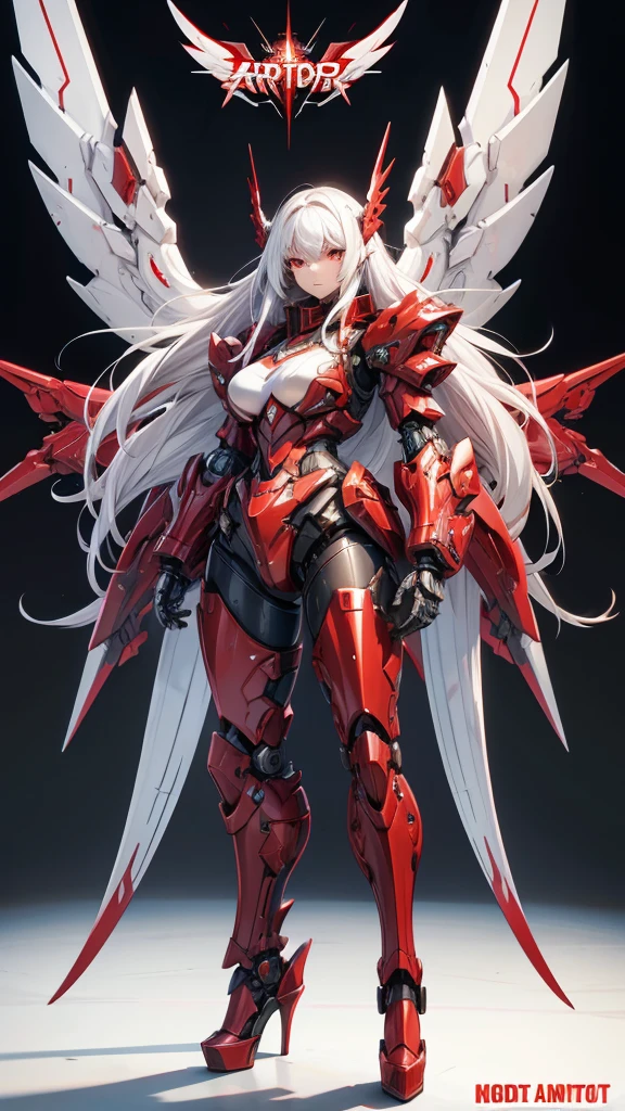 Large Armored Girl,girly face,long white hair,red armot,Cybernetic wing Mechanical wing,high heels,Broadsword,Standing,frontal pose,Cyberpunk city