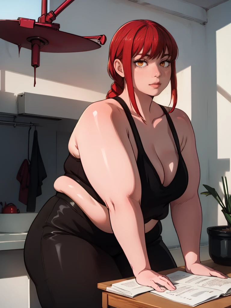 Le personnage Makima de la série animée Chainsaw Man, fragile, obésité morbide, ssbbw, pleine longueur (corps entier 1.1.), fond sombre, obscurité, anatomie correcte 1.1, anatomie correcte de la main, Très féminin, corps gras et rond, grosses Jambes, fesses, beau corps obèse, ventre rond et mou très gras, cheveux roux, Yeux oranges, Cercles rouges pour les écoliers, chemise blanche, jupe noire, cravate noire, pose sexy, réaliste, very détaillé, beau corps, détaillé body, détaillé hands, détaillé, vibrant, détaillé Face, Conception des personnages de Makima. very détaillé, détaillé body, détaillé hands, détaillé Face, Art animé, Hugh Détails, Visage très abattu, détaillé eyes, Illustration ultra fine, Meilleure ombre, détail fin, beautiful détaillé glow, beautiful détaillé, Extraordinairement beau, extremely détaillé, inexpressif, composition épique, Style animé. art animé, Style animé. Jupe noire, chemise blanche, cravatte, pose sexy. Double menton, visage très gras, grosses joues, joues potelées