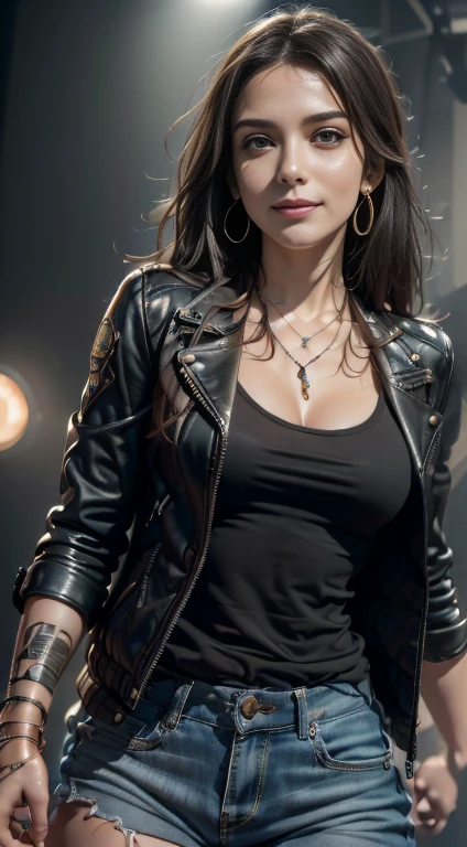(Masterpiece:1.3, Best quality, Photorealistic, Ultra-detailed, finely detailed, high resolution, 8K wallpaper), 1 beautiful girl, Lead singer of the band group, In a leather jacket, Sing with an electric guitar, standing microphones, Mouth open, Beautiful face, Detailed face, Beautiful eyes, Detailed eyes, Smiling, Earrings, necklace, Detailed guitar, (Straight guitar neck and strings), Medium length light brown hair, be on stage, spotlight, Look at the viewer