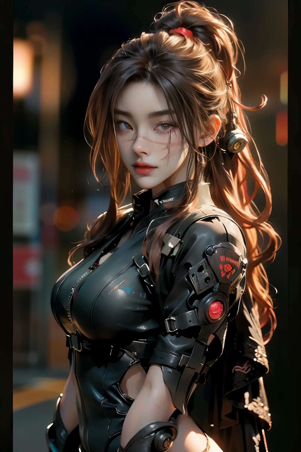 ((best quality)), ((Masterpiece)), (details:1.4), 3d, Image of a beautiful cyberpunk woman., HDR (high dynamic range), long hair, Blonde hair, future police, PBR surface,After processing,Anisotropic filtration,depth of field, Maximum clarity and clarity, multi-layered surface, perfect proportions, 8K raw files, รอยแผลเป็นบนใบหน้า, Yoru