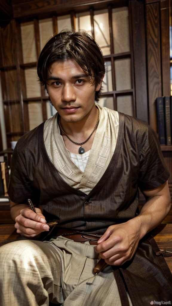 "A 30-year-old man named Raka sits at a table, holding a feather pen. He wears modern traditional clothing, such as batik with neutral-colored trousers, and a necklace with a wooden pen-shaped pendant. His dark brown eyes express enthusiasm, and his tan skin with a small scar on his left cheek adds character. In front of him lies an open book. The background is a grand royal library. Raka carries an old leather notebook and a unique feather pen, which he uses to draw simple illustrations in the air while telling stories. With a deep and calming voice, he brings stories to life, embedding moral values and cultural knowledge in each tale. Realistic, detailed, half-body."