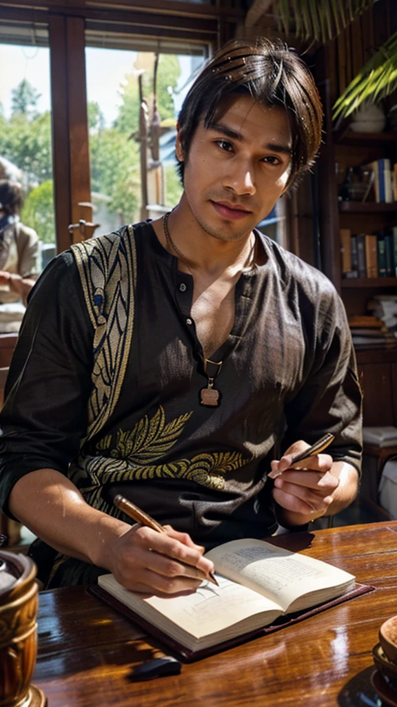 "A 30-year-old man named Raka sits at a table, holding a feather pen. He wears modern traditional clothing, such as batik with neutral-colored trousers, and a necklace with a wooden pen-shaped pendant. His dark brown eyes express enthusiasm, and his tan skin with a small scar on his left cheek adds character. In front of him lies an open book. The background is a grand royal library. Raka carries an old leather notebook and a unique feather pen, which he uses to draw simple illustrations in the air while telling stories. With a deep and calming voice, he brings stories to life, embedding moral values and cultural knowledge in each tale. Realistic, detailed, half-body."