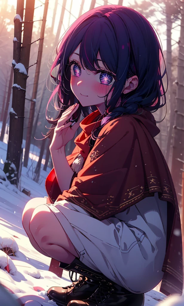 aihoshino, Ai Hoshino, Long Hair, bangs, (Purple eyes:1.1), Purple Hair, (Symbol-shaped pupil:1.5), smile,,smile,blush,White Breath,
Open your mouth,snow,Ground bonfire, Outdoor, boots, snowing, From the side, wood, suitcase, Cape, Blurred, , forest, White handbag, nature, Squat, Mouth closed, Cape, winter, Written boundary depth, Black shoes, red Cape break looking at viewer, Upper Body, whole body, break Outdoor, forest, nature, break (masterpiece:1.2), Highest quality, High resolution, unity 8k wallpaper, (shape:0.8), (Beautiful and beautiful eyes:1.6), Highly detailed face, Perfect lighting, Highly detailed CG, (Perfect hands, Perfect Anatomy),