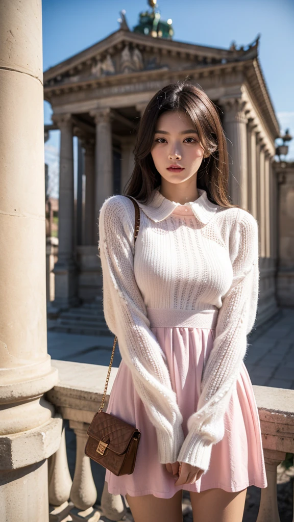 cô gái châu á beautiful, Standing next to the quaint European railings, Wearing a light pink shirt，The sleeves are mesh，Pattern on collar. Wide front with ruffle detailing. White dress with embossed pattern, Can be lace or knit, Pearl embellished handbag, Behind is an ancient European building, beautiful