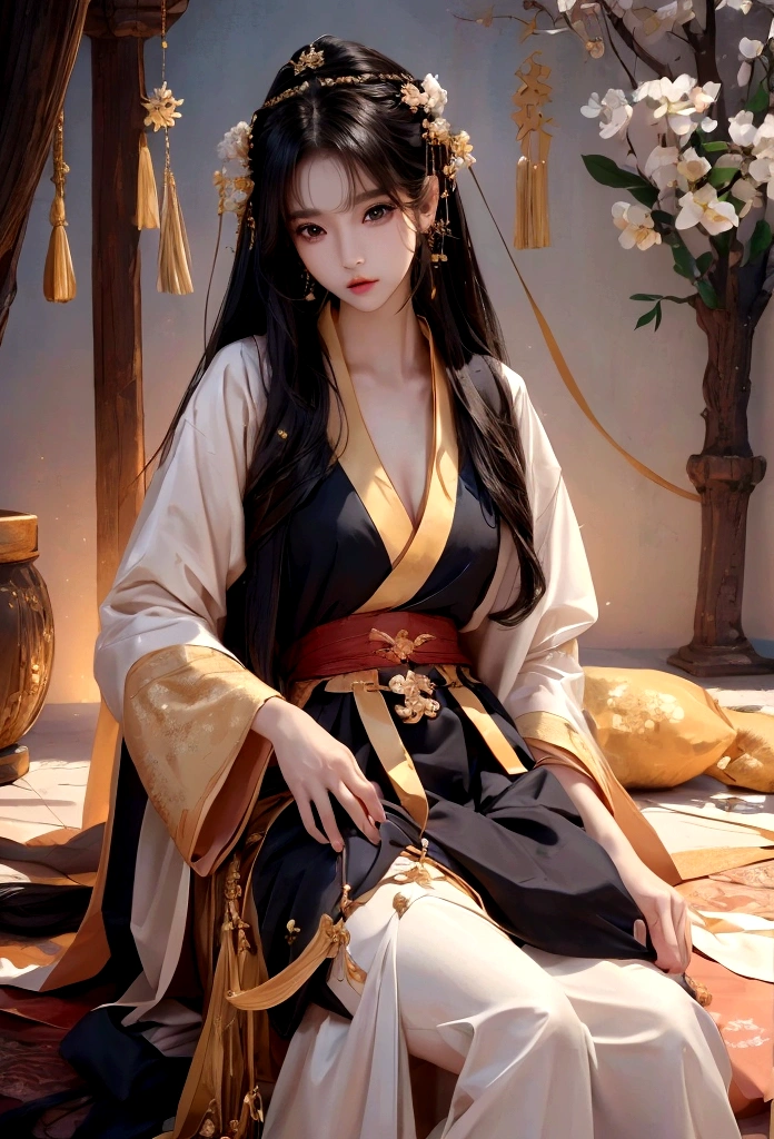 Best image quality、8K、masterpiece:1.3))、Realistic high-quality photos、Highest quality、 Beautiful face、Photos of slim models、Beautiful girl model、Young and pretty face、Beautiful model girl、A lovely and delicate face、Black Hair、Beautiful brown eyes、Young Body、Hanfu, (emphasize)、from the front、Camera gaze,、Anatomically correct、胸の谷間をemphasize、whole body、13-year-old female model、Exposed thighs