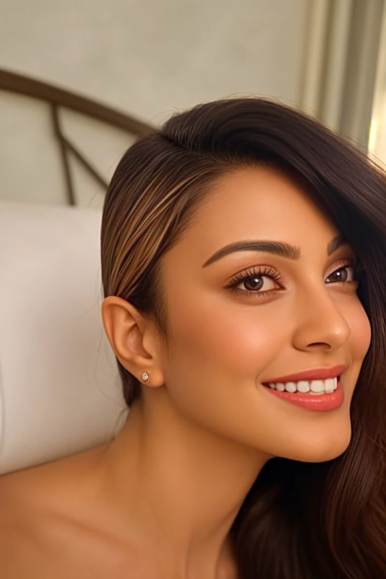 kiara ,1girl, solo, (realistic),(hyperrealism),(best quality),(masterpiece),(ultra high res),(photorealistic),(film grain),(bikini , big breasts  , wide hips, looking at viewer  milf),eye makeup,detailed eyes,detailed bedroom  , smile ,