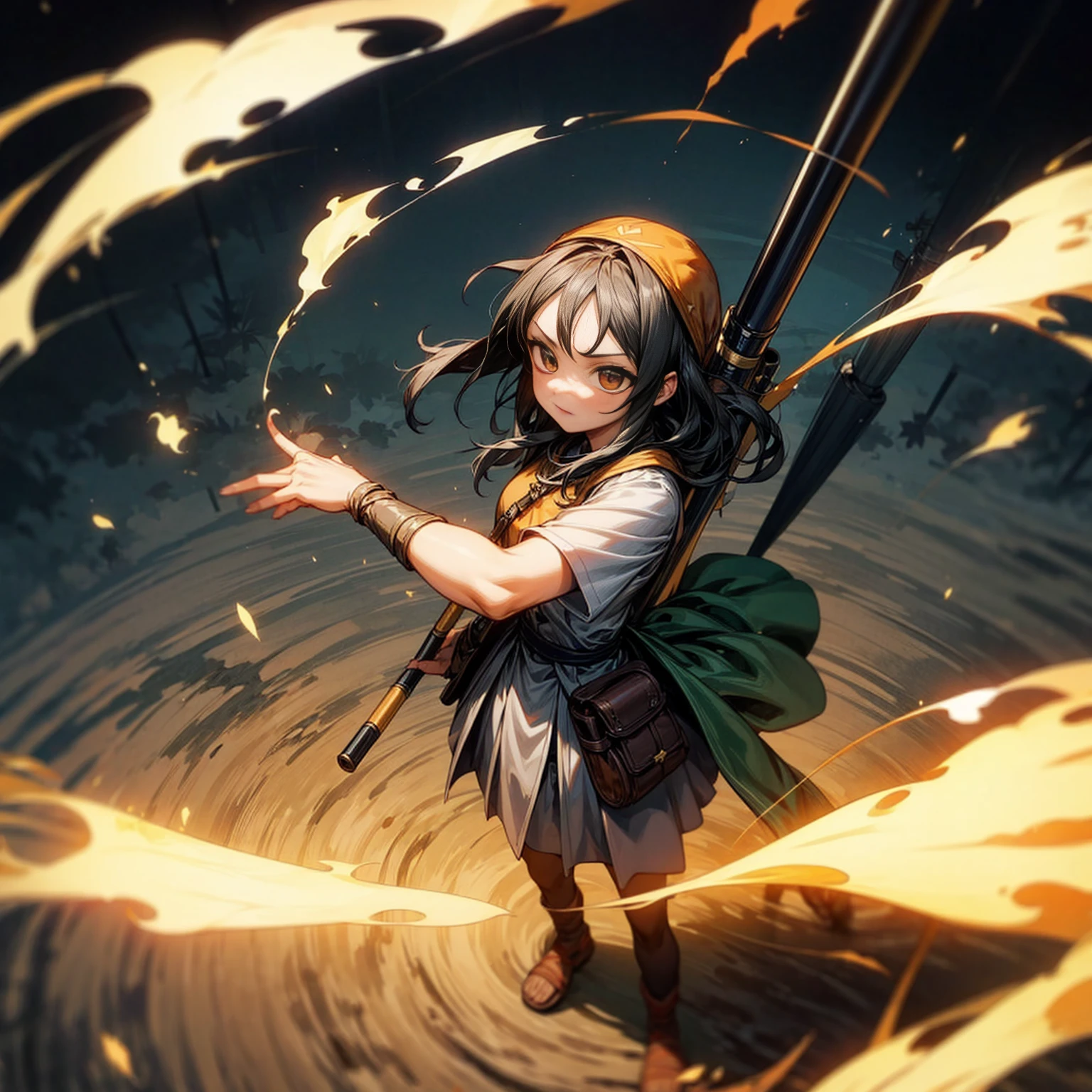 1girl, Full body version, 1character, adult version, gold eyes color, long haircut, (black color hair), bandana, medieval style clothing, bazooka in hand, Grassroots, full background in field forest, motion blur, smoke effect, lighting bazooka, fire, Fire lighting, (Hunter x Hunter style), standing gesture, plasma effect, aura effect, high angle view 