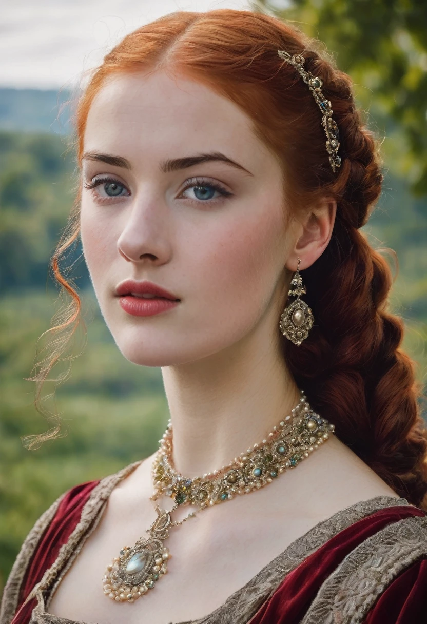 young woman(23 years old). Bright red, Wavy hair, braided(in the manner of Lucrezia Borgia или на манер таргариенов), pearl earrings in the ears, necklace of pearls on the neck. Eyes sky blue. The skin is pale, she has freckles. Elongated face, oval shape. Dress in Renaissance or Middle Ages style, in the manner of Lucrezia Borgia. Mouth wide, and your lips are full. Eyebrows are very thin and arched, Light. одета в платье in the manner of Lucrezia Borgia. Realism style.