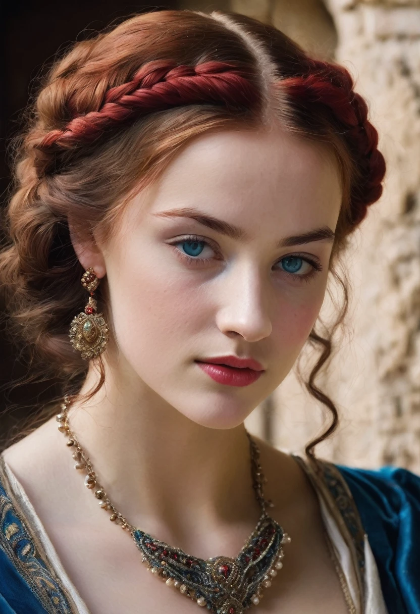 young woman(23 years old). Bright red, Wavy hair, braided(in the manner of Lucrezia Borgia или на манер таргариенов), pearl earrings in the ears, necklace of pearls on the neck. Eyes sky blue. The skin is pale, she has freckles. Elongated face, oval shape. Dress in Renaissance or Middle Ages style, in the manner of Lucrezia Borgia. Mouth wide, and your lips are full. Eyebrows are very thin and arched, Light. одета в платье in the manner of Lucrezia Borgia. Realism style.