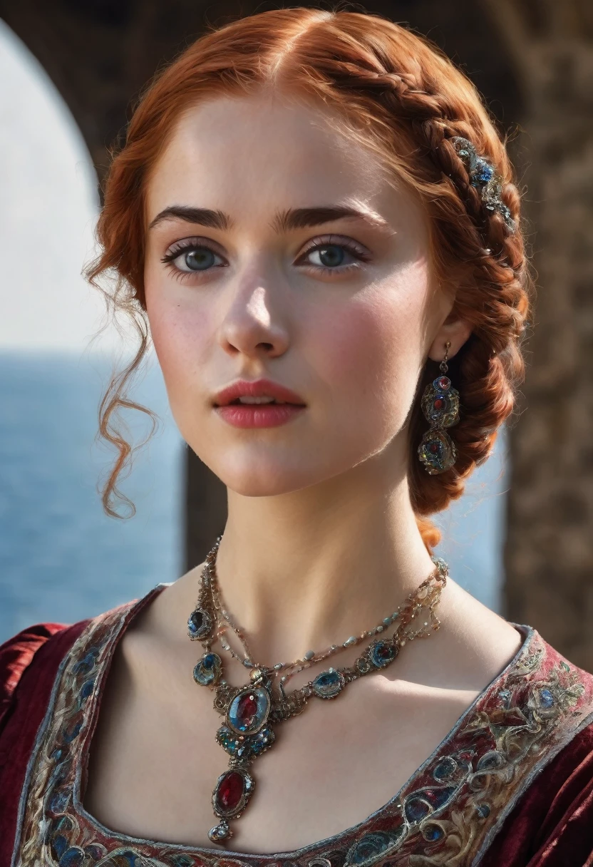 young woman(23 years old). Bright red, Wavy hair, braided(in the manner of Lucrezia Borgia или на манер таргариенов), pearl earrings in the ears, necklace of pearls on the neck. Eyes sky blue. The skin is pale, she has freckles. Elongated face, oval shape. Dress in Renaissance or Middle Ages style, in the manner of Lucrezia Borgia. Mouth wide, and your lips are full. Eyebrows are very thin and arched, Light. одета в платье in the manner of Lucrezia Borgia. Realism style.