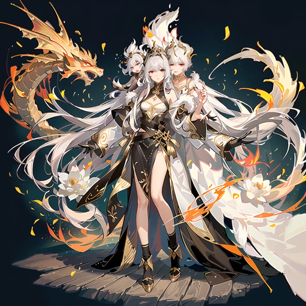 He has huge silver-scaled and golden-bone dragon wings on his back.。Golden horns on the head,There are solar prominences around,Sometimes there is a golden light standing,Like a golden imperial crown。A head of white hair fell a little on that tall and majestic body,The rest are all flying in the wind and shining brightly in the sunlight.。Wearing a silver robe with a golden dragon pattern,A belt with a golden lotus and a dragon-shaped jade pendant cinched the flowing robe.,Draw the line between upper and lower,The long hair hidden in the silver and gold hem and sleeves(Length)The platinum dragon's tail swings casually。White Hakama Underwear,Gold and silver boots,Artgerm's Art Style, Vadim Kashin, guys,