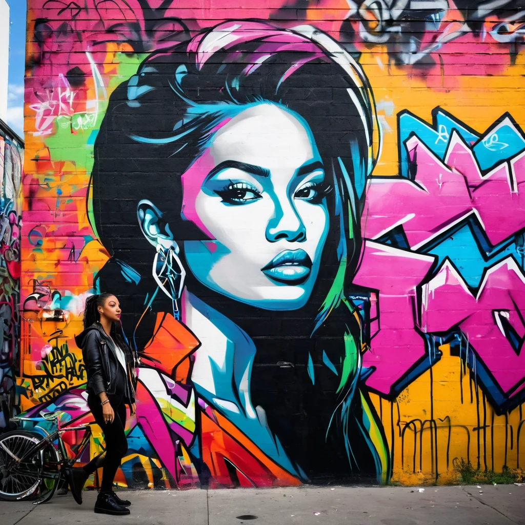Prompt: Envision capturing a close-up shot of a vibrant, bold stunningly beautiful woman against the backdrop of graffiti-filled urban walls. This scene should reflect the raw energy and expressive nature of urban street art. Graffiti is all about making a statement - it's loud, colorful, and unapologetically honest. Your subject, the woman, should embody this spirit – her style, stance, and expressions revealing insights into her character. Use natural or urban lighting to bring out the vivid colors of the graffiti, casting dramatic shadows that highlight the texture and depth of the artwork behind her. Embrace the wide view of the graffiti-covered cityscape as an intriguing backdrop subtly suggesting her connection to street culture. But remember to keep her as your main focus. When framing your shot, ensure you leave ample space around her. This not only adheres to photographic rules of composition but also emphasizes her dominance within this vast canvas. Avoid cluttering your shot with too many elements, maintaining graffiti's raw and minimalist approach. Instead aim to capture an atmospheric portrait that weaves a story about the woman, her personality and her relationship with the urban environment surrounding her. Consider using equipment like Canon EOS 5D Mark IV & EF 24-70mm f/2.8L II USM for detailed capture and wide-angle possibilities. Remember, your goal goes beyond just snapping a photo - it's about crafting a narrative that reflects graffiti’s boldness and expressiveness.