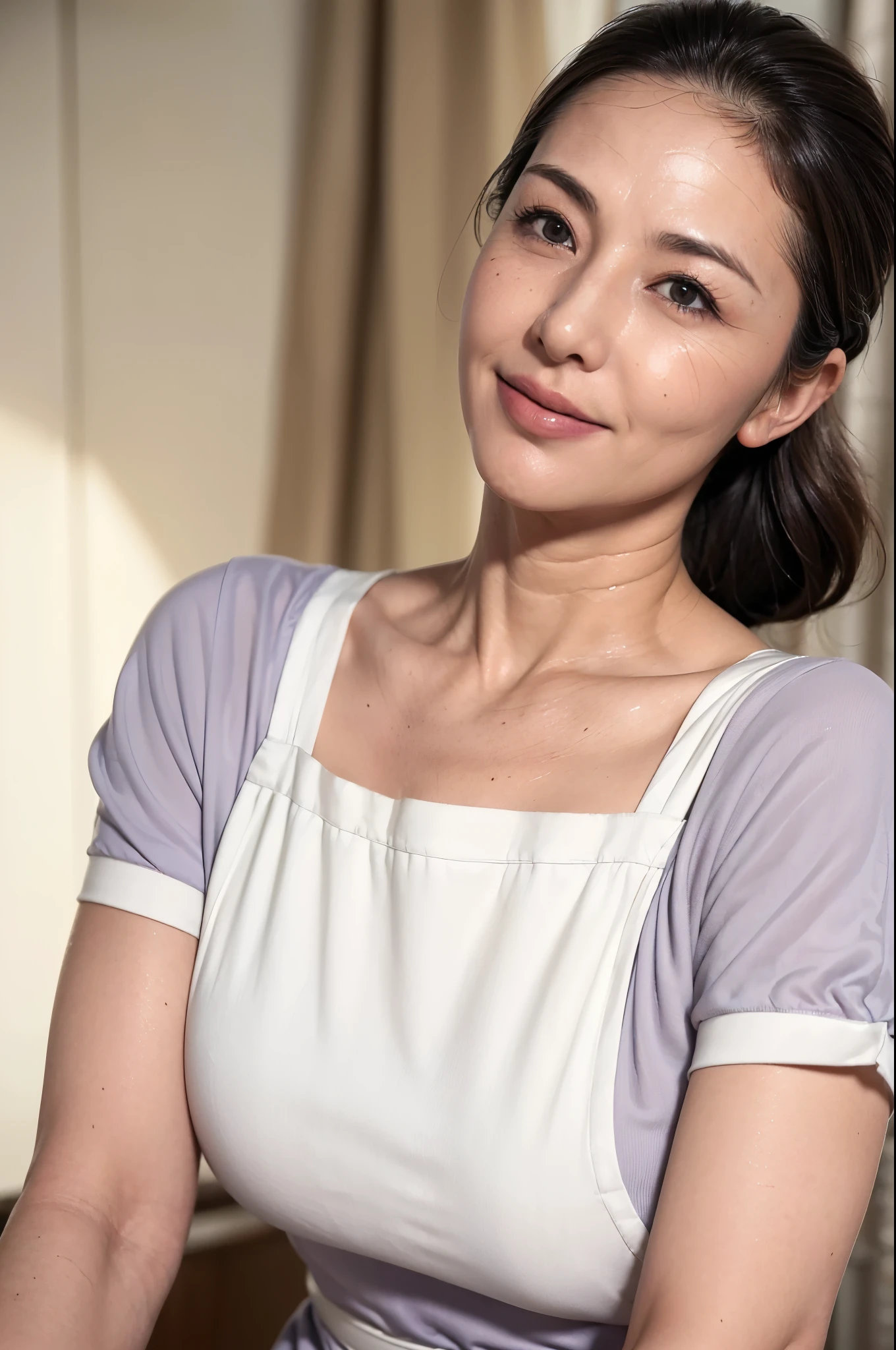 (masterpiece:1.4),(59 years old female :1.5),(Facial wrinkles:1.2), (side ponytail hair : 1), gentle smile, beautiful Mature Woman, glossy make up, (thick lips), (White apron : 1.3), (short-sleeve blouse : 1.2), (collar bone), pores, Skin blemishes, fleckled skin, realistic detailed skin, (Plump arms : 1.3), kitchen