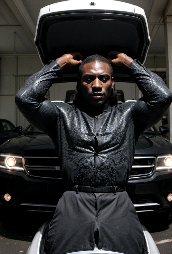 30 year old dark man, big arms, surrounded by a car and women models