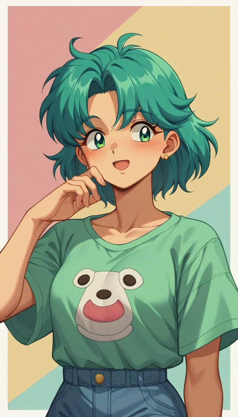 Geometric background:1.3、Dark、Cute girl hair、avert your eyes、White BuggyTshirt、プリントshirt、Loose-fitting clothing、Retro、Highest quality、Very detailed、High quality details、green