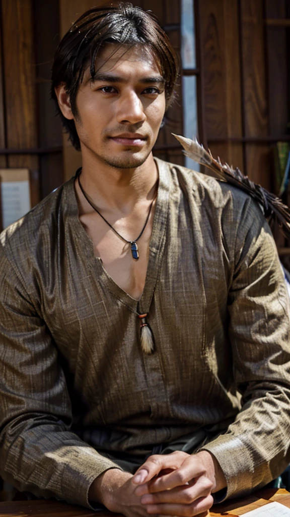 "A 30-year-old man named Raka sits at a table, holding a feather pen. He wears modern traditional clothing, such as batik with neutral-colored trousers, and a necklace with a wooden pen-shaped pendant. His dark brown eyes express enthusiasm, and his tan skin with a small scar on his left cheek adds character. In front of him lies an open book. The background is a grand royal library. Raka carries an old leather notebook and a unique feather pen, which he uses to draw simple illustrations in the air while telling stories. With a deep and calming voice, he brings stories to life, embedding moral values and cultural knowledge in each tale. Realistic, detailed, half-body."