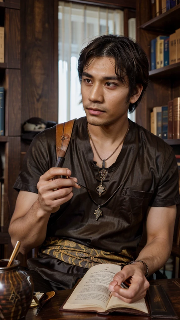 "A 30-year-old man named Raka sits at a table, holding a feather pen. He wears modern traditional clothing, such as batik with neutral-colored trousers, and a necklace with a wooden pen-shaped pendant. His dark brown eyes express enthusiasm, and his tan skin with a small scar on his left cheek adds character. In front of him lies an open book. The background is a grand royal library. Raka carries an old leather notebook and a unique feather pen, which he uses to draw simple illustrations in the air while telling stories. With a deep and calming voice, he brings stories to life, embedding moral values and cultural knowledge in each tale. Realistic, detailed, half-body."