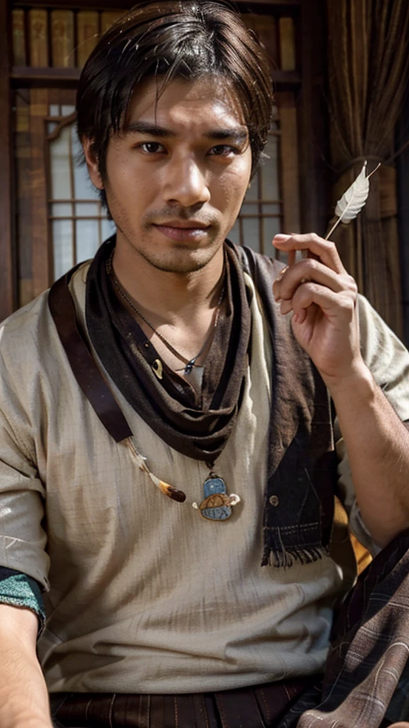 "A 30-year-old man named Raka sits at a table, holding a feather pen. He wears modern traditional clothing, such as batik with neutral-colored trousers, and a necklace with a wooden pen-shaped pendant. His dark brown eyes express enthusiasm, and his tan skin with a small scar on his left cheek adds character. In front of him lies an open book. The background is a grand royal library. Raka carries an old leather notebook and a unique feather pen, which he uses to draw simple illustrations in the air while telling stories. With a deep and calming voice, he brings stories to life, embedding moral values and cultural knowledge in each tale. Realistic, detailed, half-body."