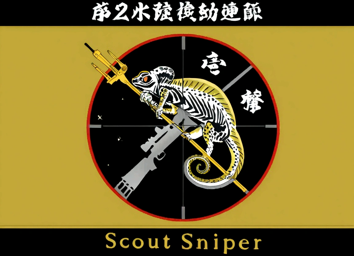 Close-up of a lizard with a gun in its hand, Sniper, patch design, Album art cover, large caliber Sniper fire,