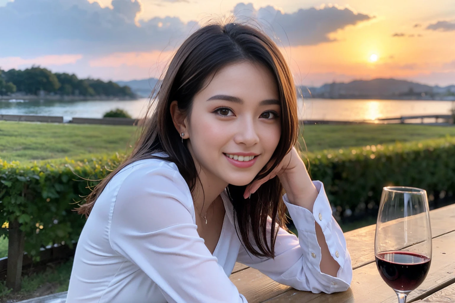 ((Highest quality、8K、masterpiece:1.3))、cute、Slim Couple、Model Couple、The best smile、Happy Smile、45 years old 39 years old、(Realistic, Intricate details:1.2), Beautiful Princess, (Brown Hair), (White skin),full-course dinner、Wine Party、Amazing view of the sunset sky and clouds、Sweet eye angle, Ultra HD 8K, Ultra-realistic, photograph, Cinematic, photograph, Wide-angle, Detailed Visuals, 3D Rendering, Soft texture, Realistic, Close up zoom in, (Front view), ((View your viewers)), Perfect corner angle, Thin lips, Natural Beauty, (soft and super White skin), Perfect Skin, (masterpiece), (Beautiful attention to detail), (Makes your face smaller), No makeup, Skinny Wine Bottle、Champagne、sparkling wine、Two beauties、Brown Hair、Shortcuts、Long sleeve shirt、dress、
