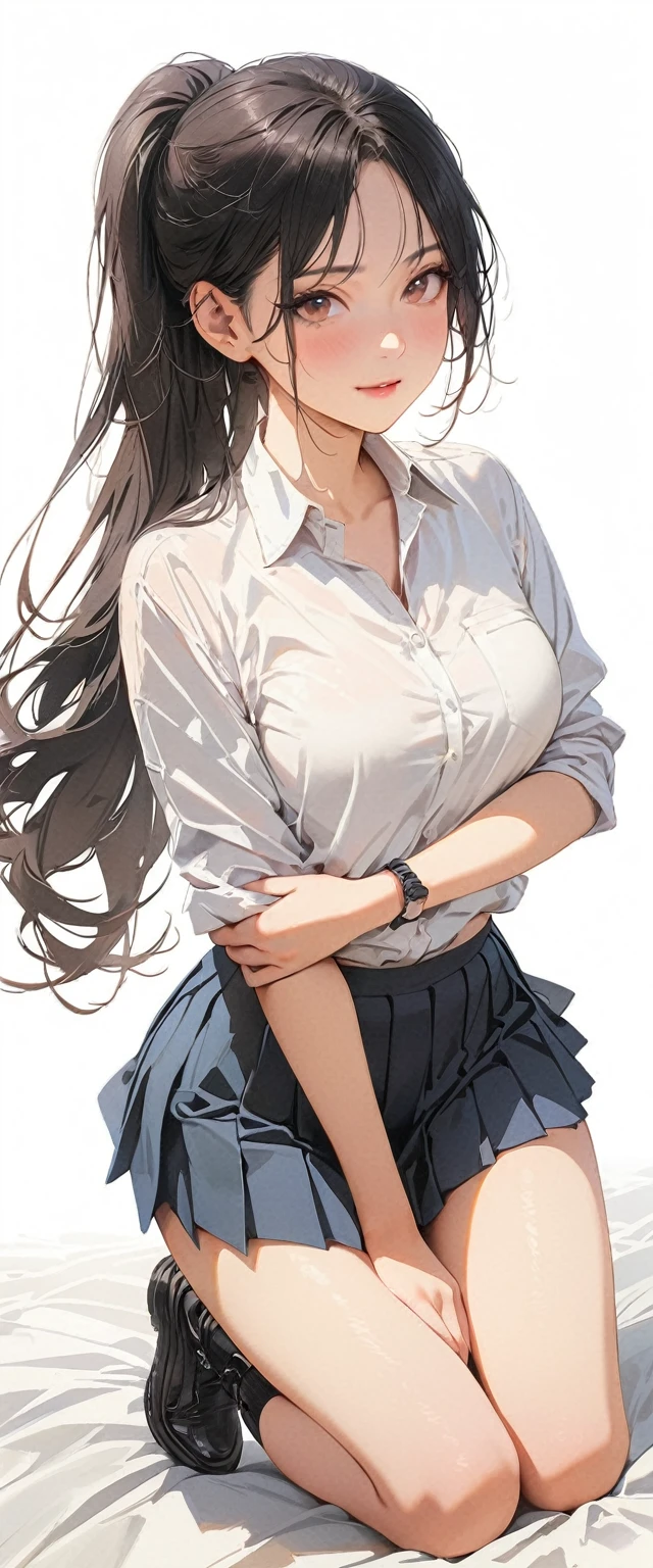 20 years old,1 mature woman,hyperrealistic, 8k, (extremely detailed 8k), (very delicate and beautiful), (masterpiece), (better quality:1.0), (ultra high resolution:1.0), (masterpiece, best quality),cute,black hair,ponytail,POV,full body,white background,realistic skin,collared shirt, pleated skirt,bow,model posing