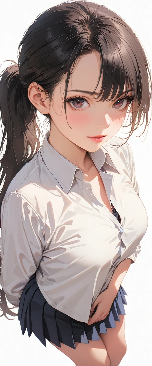 20 years old,1 mature woman,hyperrealistic, 8k, (extremely detailed 8k), (very delicate and beautiful), (masterpiece), (better quality:1.0), (ultra high resolution:1.0), (masterpiece, best quality),cute,black hair,ponytail,POV,full body,white background,realistic skin,collared shirt, pleated skirt,bow,model posing