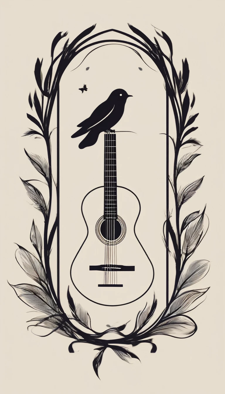 A minimal, modern, simple, cinematic logotype for the brand “Penamemoria". The logotype must be a simple, magical feather and a boy playing acoustic guitar. The logo must convey a sense of music, stories and dreams. Logo design impressed on a book cover. Minimalistic logo