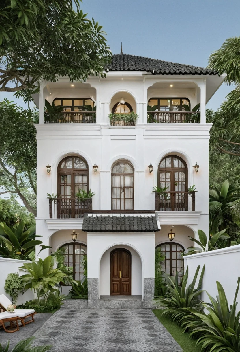Render a small 3-story Indochine-style villa in a serene setting. The villa's exterior is painted in a simple, elegant white, with traditional Indochine architectural elements such as arched windows, wooden shutters, and decorative railings. The roof features a two-sided sloping design similar to the houses in Hoi An, with the slopes running front to back, contrasting beautifully with the white walls. Lush greenery surrounds the villa, with a well-manicured garden featuring tropical plants and a cobblestone pathway leading to the entrance. The front porch has classic wooden furniture and lanterns, evoking a sense of timeless elegance. The lighting highlights the villa's sophisticated design and harmonious blend of traditional and modern elements.
8k resolution, UHD, high-quality detail, Indochine style, white exterior, arched windows, wooden shutters, decorative railings, two-sided sloping roof, Hoi An style, lush greenery, manicured garden, cobblestone pathway, classic wooden furniture, lanterns, harmonious blend of traditional and modern elements, sophisticated design, serene setting, attracted lighting, real sunlight