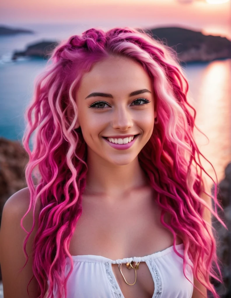 very attractive 25 year old girl with long wavy bright pink hair, A stunning night close-up picture of the face smiling, an english model with bright pink dreadlocks, wearing a white short dress that reveals her fit beautiful body, she is in a club partying close to the Mediterranean sea, rocky islands on the background and white clouds in the sky.