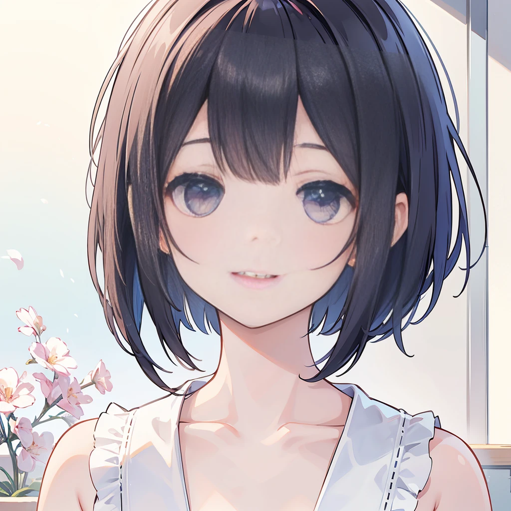 Photorealistic、Highest quality、Highest Resolution、Highest quality、8K、One beautiful woman、Bob Cut Hair、Looks happy、smile、Upscaling、Close-up of face