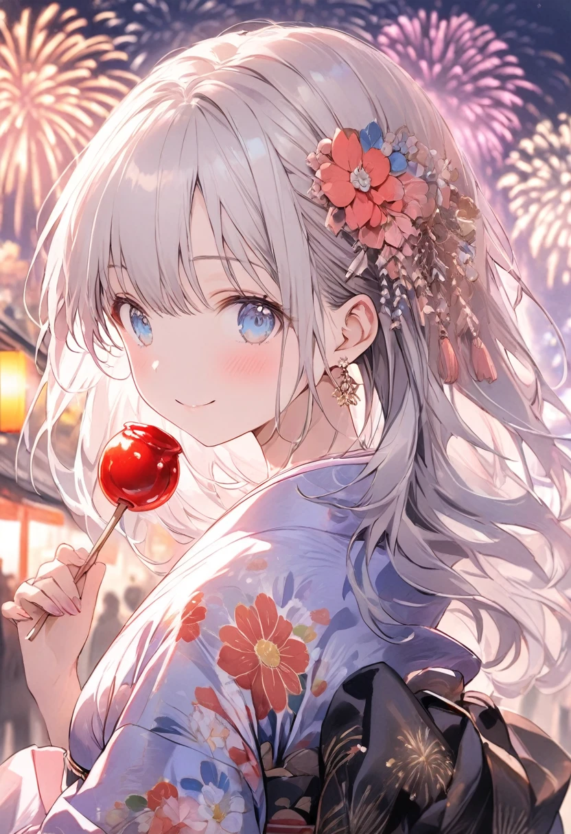 (masterpiece:1.2),(アニメ),、Anime Cute Girl、cute、silver Hair、Long Hair、Half Up、hair ornaments、Beautiful blue eyes、Red eyeliner、Girl wearing yukata、Yukata with bright floral pattern、Pink Yukata、Short length、smile、((Holding a candy apple in her hand)),Night stalls、Night Festival、(((background、Fireworks)))、Festivals、summer night、Light production、Beautiful artwork、Detailed drawing、A Scene of Youth、Fisheye Lens、Close-up,Pale colors