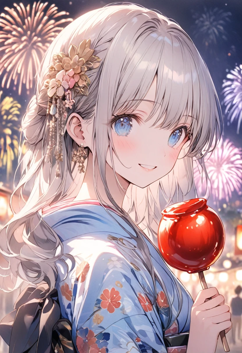 (masterpiece:1.2),(アニメ),、Anime Cute Girl、cute、silver Hair、Long Hair、Half Up、hair ornaments、Beautiful blue eyes、Red eyeliner、Girl wearing yukata、Yukata with bright floral pattern、Pink Yukata、Short length、smile、((Holding a candy apple in her hand)),Night stalls、Night Festival、(((background、Fireworks)))、Festivals、summer night、Light production、Beautiful artwork、Detailed drawing、A Scene of Youth、Fisheye Lens、Close-up,Pale colors