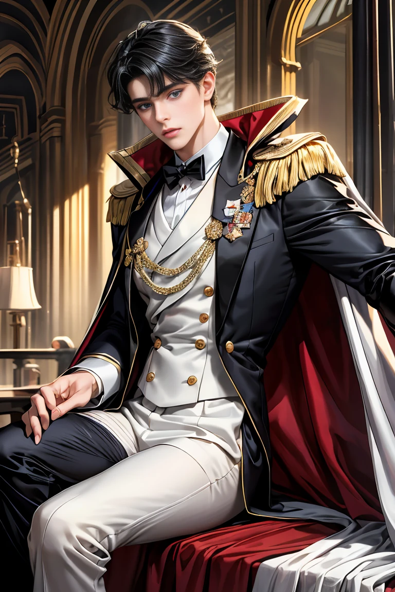 masterpiece, 最high quality, high quality, 1 boy, alone, Male focus, Watching the audience, Messy black hair, Adorable big blue eyes, White people, Noble, Noble,Sexy voluminous cape、Tuxedo、A very voluminous red and black cape with a high stand-up collar, very voluminous, very big, very big, very long, reaching down to the floor, made of a lot of fabric., 17 years old,Cute beautiful boys,Cute, cute, kind, handsome guy
