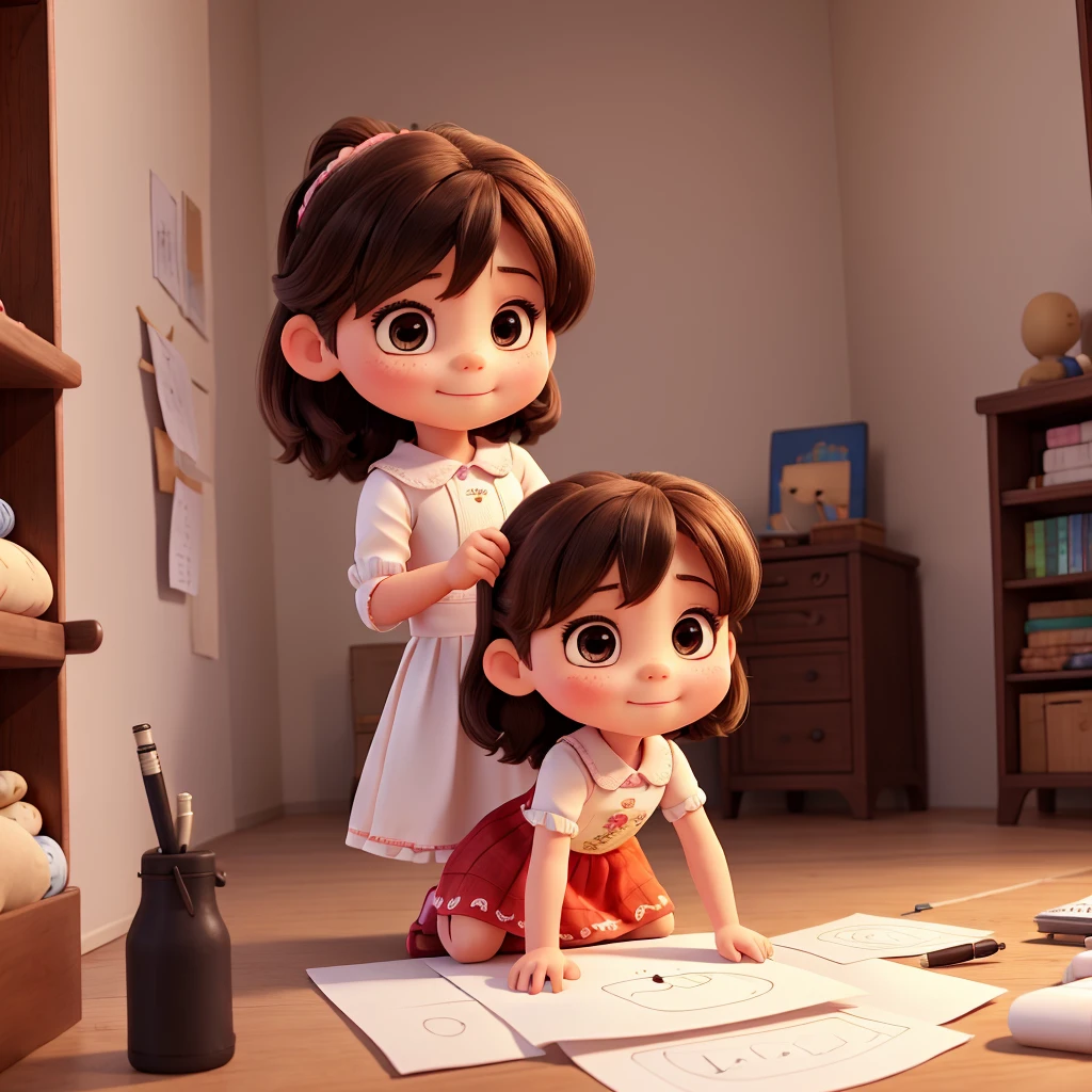 A littlr girl drawing a dress on a paper and a wan helping her