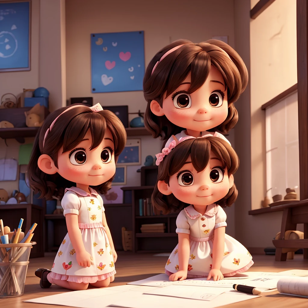 A littlr girl drawing a dress on a paper and a wan helping her