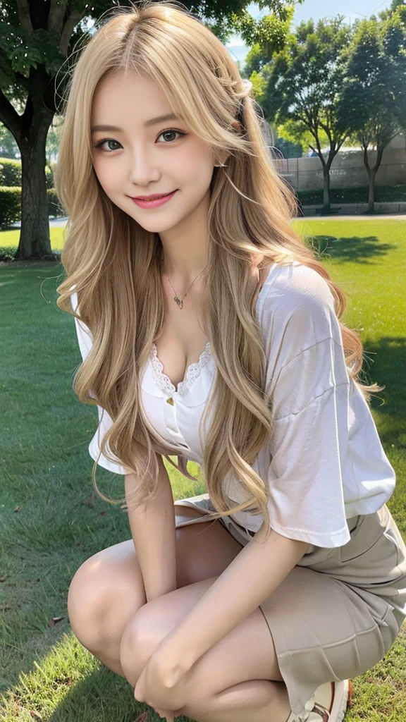 23-year-old woman, Long dark blonde wavy hair、Puffy nippleedium Milk, Cute Smile、(lean forward to emphasize the chest)、、Beautiful Necklace、Visible shot of the whole body、On the grass in the park、Squat on your knees、Cute smile with upward glances、T-Shirts