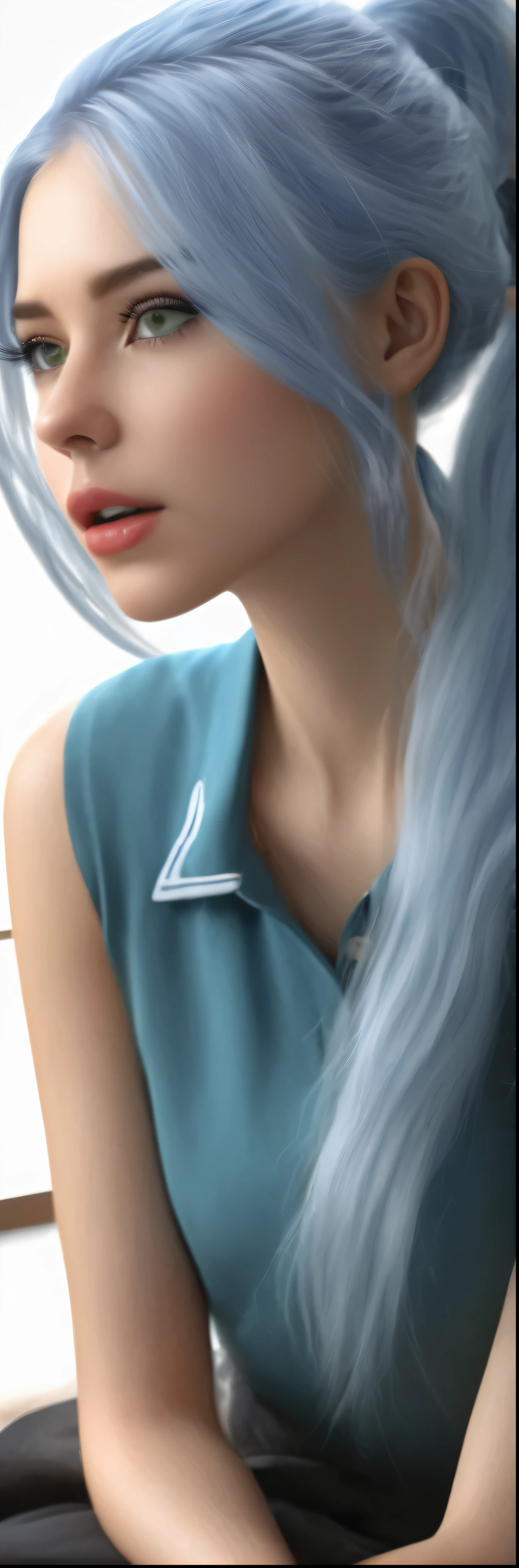 1girl, long light blue hair, dark blue uniform, sitting in class, black modern , beautiful detailed eyes, beautiful detailed lips, extremely detailed eyes and face, longeyelashes, school classroom interior, window, desk, chair, books, pencils, realistic, photorealistic, photo-realistic:1.37, (best quality,4k,8k,highres,masterpiece:1.2),ultra-detailed,(realistic,photorealistic,photo-realistic:1.37),HDR,UHD,studio lighting,ultra-fine painting,sharp focus,physically-based rendering,extreme detail description,professional,vivid colors,bokeh