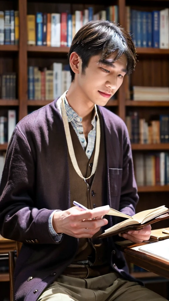 "A 30-year-old man named Raka sits at a table, holding a feather pen. He wears modern traditional clothing, such as batik with neutral-colored trousers, and a necklace with a wooden pen-shaped pendant. His dark brown eyes express enthusiasm, and his tan skin with a small scar on his left cheek adds character. In front of him lies an open book. The background is a grand royal library. Raka carries an old leather notebook and a unique feather pen, which he uses to draw simple illustrations in the air while telling stories. With a deep and calming voice, he brings stories to life, embedding moral values and cultural knowledge in each tale. Realistic, detailed, half-body."