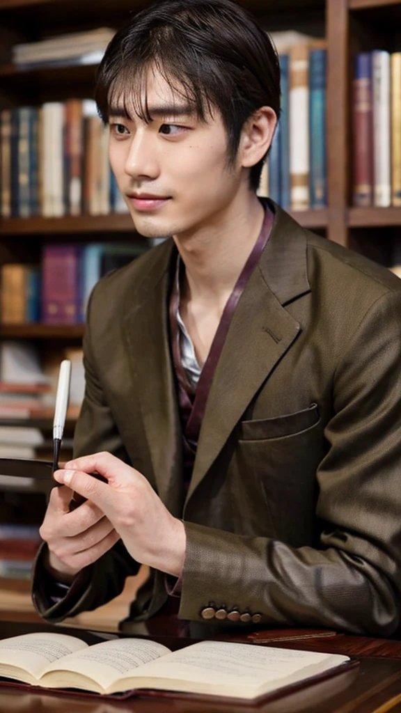 "A 30-year-old man named Raka sits at a table, holding a feather pen. He wears modern traditional clothing, such as batik with neutral-colored trousers, and a necklace with a wooden pen-shaped pendant. His dark brown eyes express enthusiasm, and his tan skin with a small scar on his left cheek adds character. In front of him lies an open book. The background is a grand royal library. Raka carries an old leather notebook and a unique feather pen, which he uses to draw simple illustrations in the air while telling stories. With a deep and calming voice, he brings stories to life, embedding moral values and cultural knowledge in each tale. Realistic, detailed, half-body."
