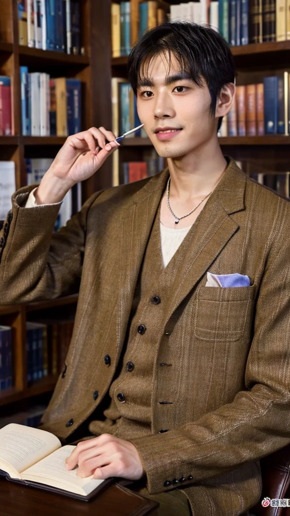 "A 30-year-old man named Raka sits at a table, holding a feather pen. He wears modern traditional clothing, such as batik with neutral-colored trousers, and a necklace with a wooden pen-shaped pendant. His dark brown eyes express enthusiasm, and his tan skin with a small scar on his left cheek adds character. In front of him lies an open book. The background is a grand royal library. Raka carries an old leather notebook and a unique feather pen, which he uses to draw simple illustrations in the air while telling stories. With a deep and calming voice, he brings stories to life, embedding moral values and cultural knowledge in each tale. Realistic, detailed, half-body."