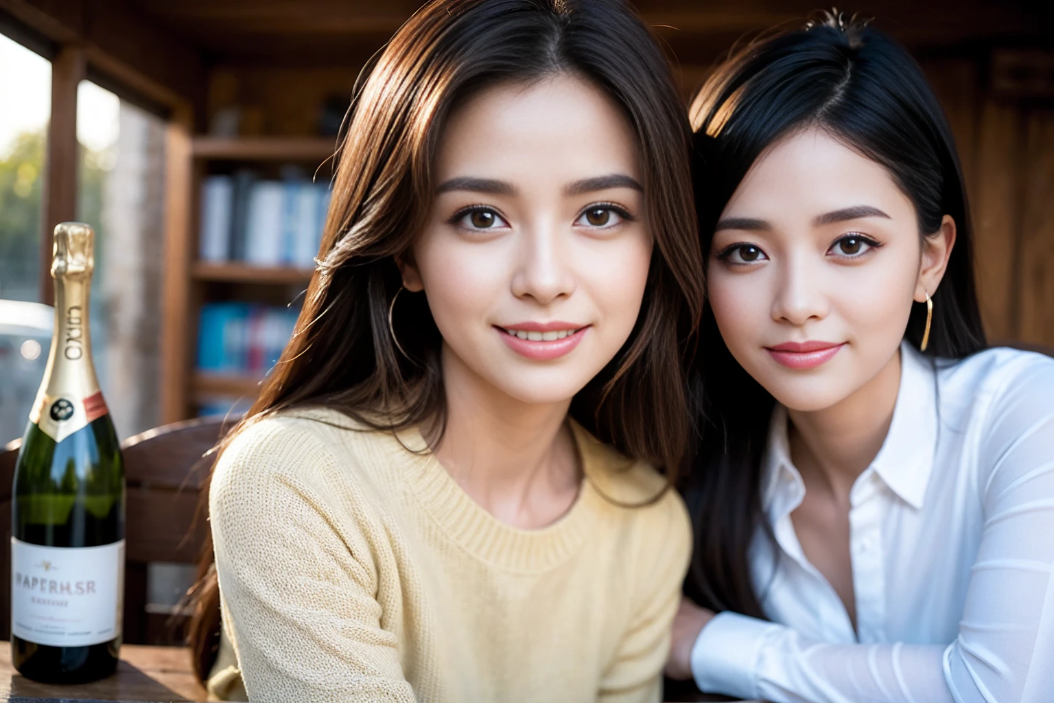 ((Highest quality、8K、masterpiece:1.3))、cute、Slim Couple、Model Couple、The best smile、Happy Smile、45 years old 39 years old、(Realistic, Intricate details:1.2), Beautiful Model、Beautiful actress, (Brown Hair), (White skin),full-course dinner、Wine Party、Amazing view of the sunset sky and clouds、Sweet eye angle, Ultra HD 8K, Ultra-realistic, photograph, Cinematic, photograph, Wide-angle, Detailed Visuals, 3D Rendering, Soft texture, Realistic, Close up zoom in, (Front view), ((View your viewers)), Perfect corner angle, Thin lips, Natural Beauty, (soft and super White skin), Perfect Skin, (masterpiece), (Beautiful attention to detail), (Makes your face smaller), No makeup, Skinny Wine Bottle、Champagne、sparkling wine、Two beauties、Brown Hair、Shortcuts、Long sleeve shirt、dress、