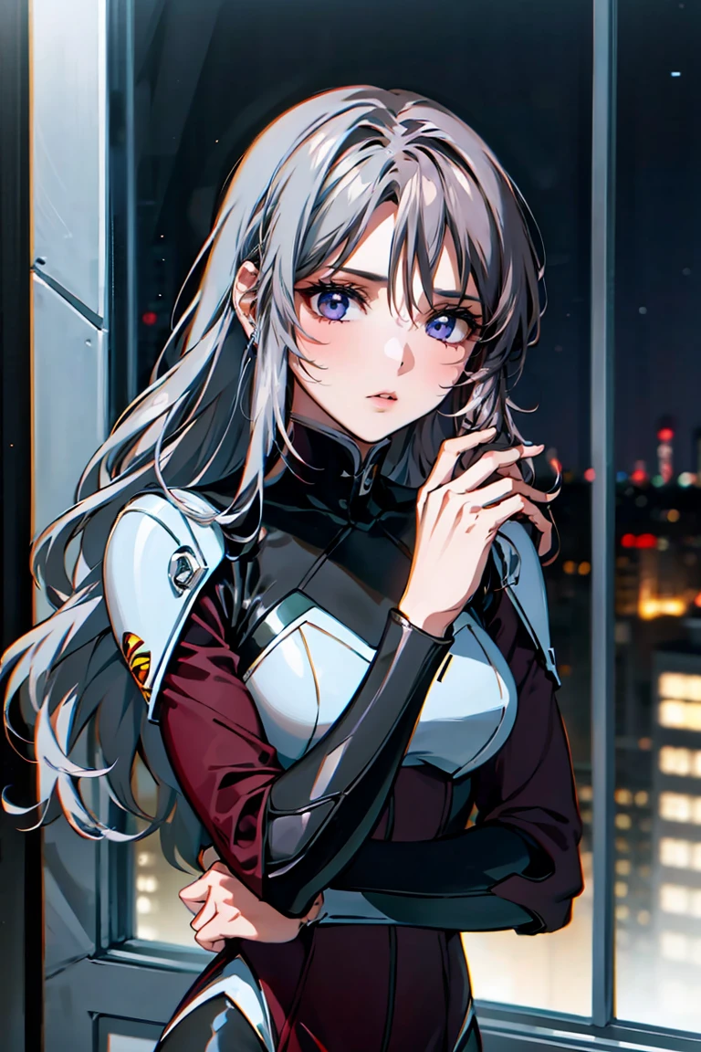 「A 20-year-old young female pilot、Height: 165cm、(Long wavy silver hair:1.8, Deep purple eyes)。With skin as white as porcelain、His calm and intelligent expression exudes kindness.。Wearing an elegantly designed futuristic suit、Silver and purple accents。A shiny bracelet on his left wrist、She has a small earring in her right ear.。The background is a futuristic cityscape seen from a room in a high-rise building.、Outside the window, the night city spreads out。In a standing position、Hold the window frame lightly with one hand、Gazing into the distance。He exudes an air of keen intelligence and deep compassion.。」Perfect Anatomy