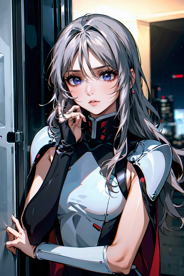 「A 20-year-old young female pilot、Height: 165cm、(Long wavy silver hair:1.8, Deep purple eyes)。With skin as white as porcelain、His calm and intelligent expression exudes kindness.。Wearing an elegantly designed futuristic suit、Silver and purple accents。A shiny bracelet on his left wrist、She has a small earring in her right ear.。The background is a futuristic cityscape seen from a room in a high-rise building.、Outside the window, the night city spreads out。In a standing position、Hold the window frame lightly with one hand、Gazing into the distance。He exudes an air of keen intelligence and deep compassion.。」Perfect Anatomy