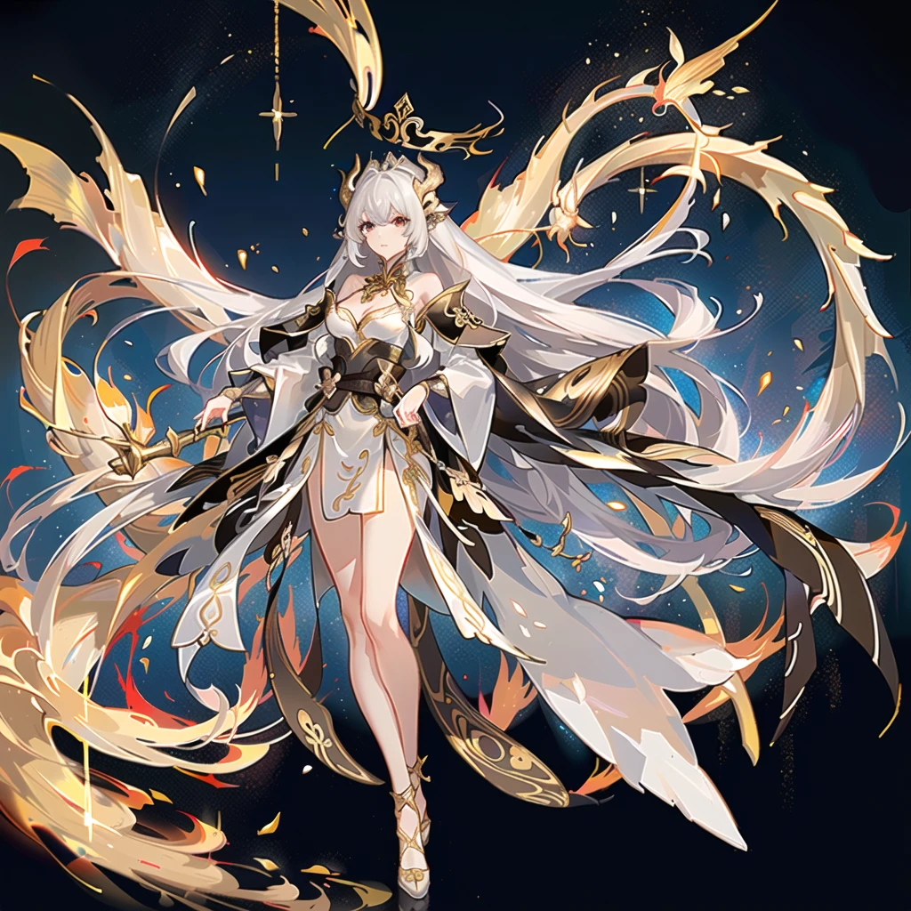 He has huge silver-scaled and golden-bone dragon wings on his back.。Golden horns on the head,There are solar prominences around,Sometimes there is a golden light standing,Like a golden imperial crown。A head of white hair fell a little on that tall and majestic body,The rest are all flying in the wind and shining brightly in the sunlight.。Wearing a silver robe with a golden dragon pattern,A belt with a golden lotus and a dragon-shaped jade pendant cinched the flowing robe.,Draw the line between upper and lower,The long hair hidden in the silver and gold hem and sleeves(Length)The platinum dragon's tail swings casually。White Hakama Underwear,Gold and silver boots,Artgerm's Art Style, Vadim Kashin, guys,