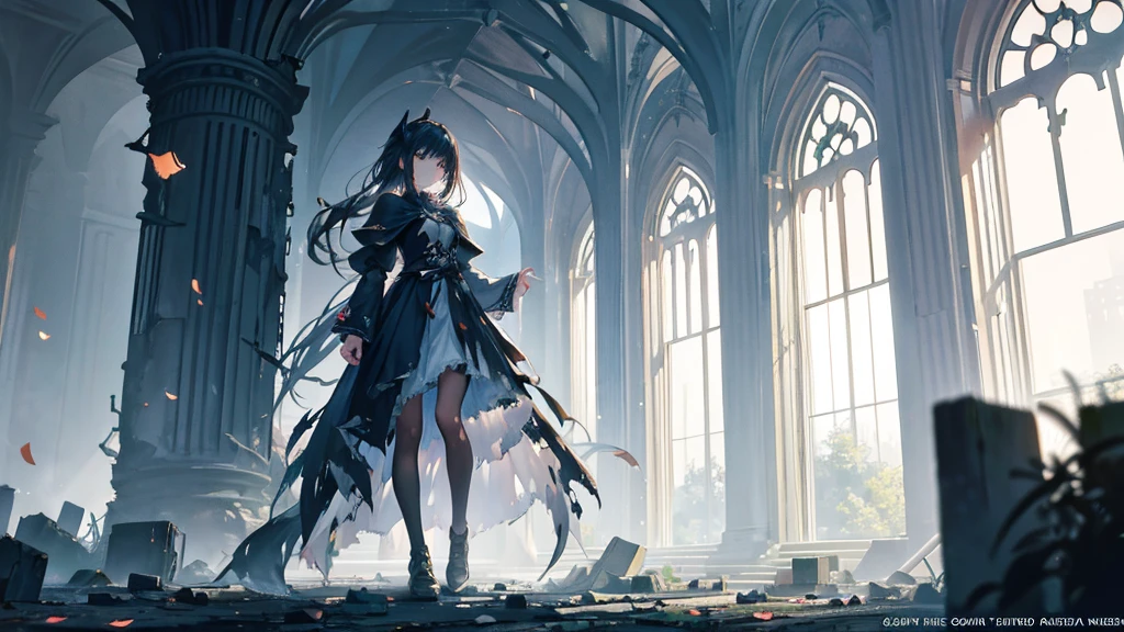 An anime girl standing in the dim light of the morning, with a serene yet determined expression. The scene shows the remnants of a fantastical world crumbling away, symbolizing the deceitful charm and lies she has left behind. She stands alone on a path, surrounded by the soft light of dawn breaking through the shadows. Around her are fragments of a broken world, with torn pages and shattered illusions scattered on the ground. The background fades from dark shadows to a lighter, more hopeful horizon, representing her journey from deception to truth. The girl's attire is simple yet elegant, symbolizing her new beginning and strength. Her eyes are clear and focused, showing the scars of the past but also the resilience to move forward. The overall atmosphere is one of introspection, healing, and empowerment, with natural lighting enhancing the emotional depth.