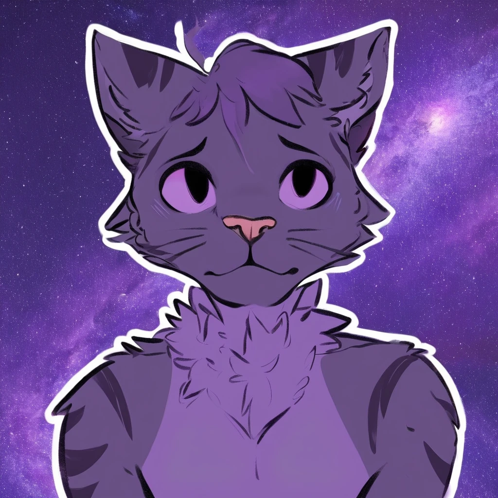 adult, feline, mammal, anthro, anthropomorphic, cat, striped, fur, striped_feline, fur, male, light_purple, purple_hair, fluffy, dark_purple, purple_chest, shy, small_pupils, digital_art, high_resolution, high_res, hand-drawn, pencil_lines, head_visible, background, neck_visible, seductive_face, detailed_line_work, profile_picture, head_visible, purple_galaxy_background,