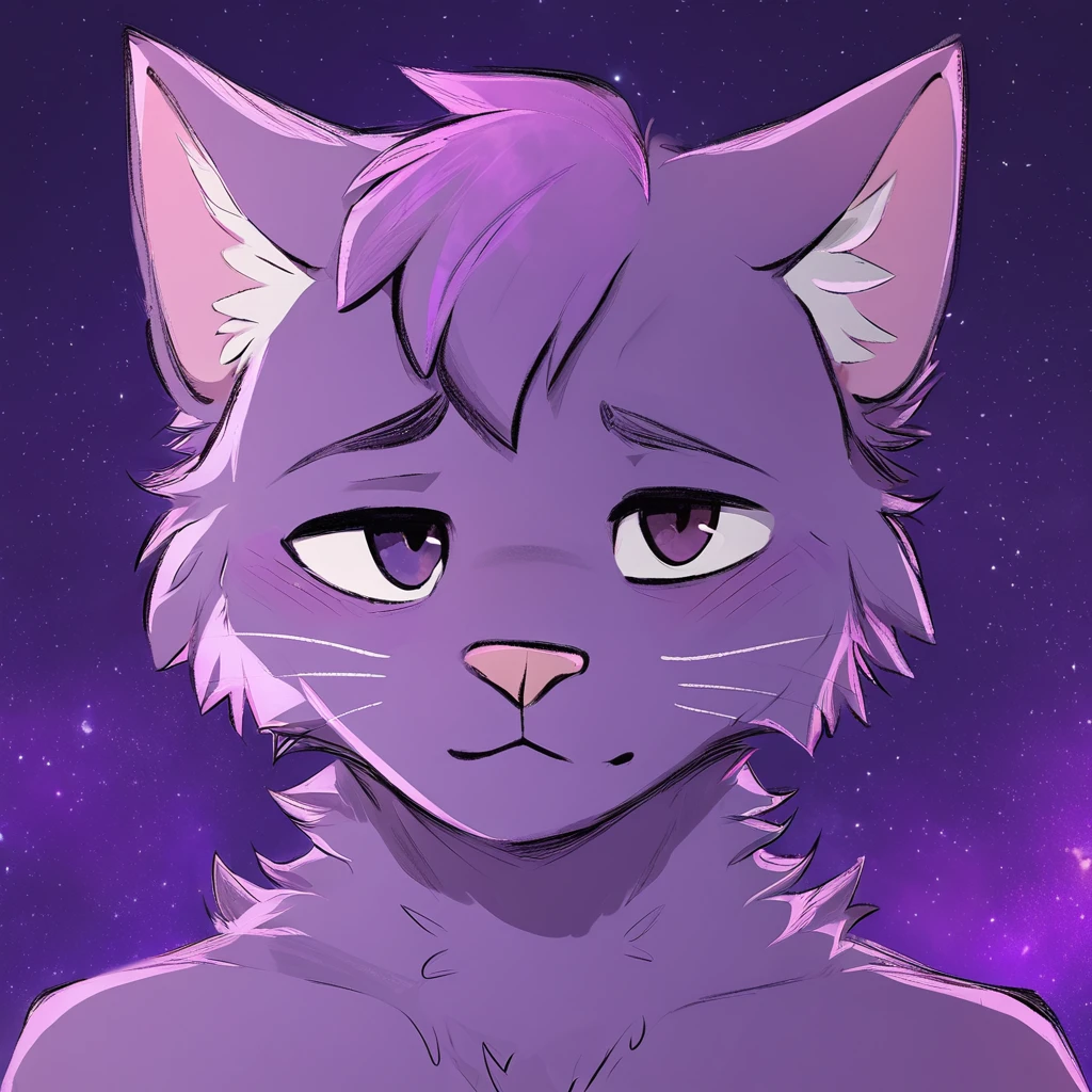 adult, feline, mammal, anthro, anthropomorphic, cat, striped, fur, striped_feline, fur, male, light_purple, purple_hair, fluffy, dark_purple, purple_chest, shy, small_pupils, digital_art, high_resolution, high_res, hand-drawn, pencil_lines, head_visible, background, neck_visible, seductive_face, detailed_line_work, profile_picture, head_visible, purple_galaxy_background,